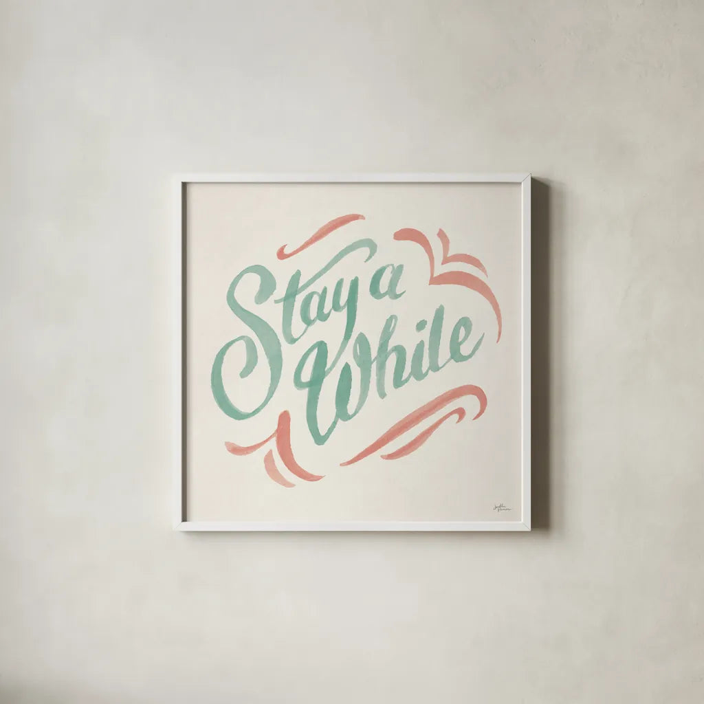 Stay A While I by Janelle Penner. Shown in a crisp white glass frame for a clean and minimalist style. Available as an archival giclee rolled canvas, fine art paper, or poster print. SKU 62279a.
