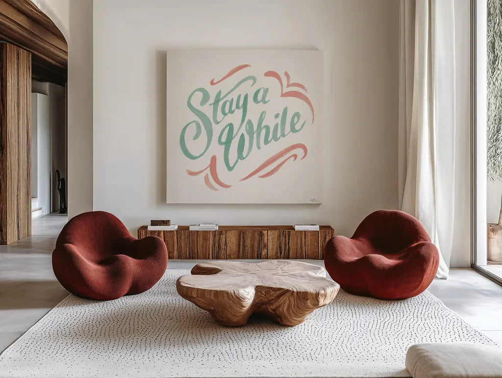 Stay A While I by Janelle Penner. Shown as extra-large giant wall art in a modern living room. Available as an archival giclee rolled canvas, fine art paper, or poster print. SKU 62279a.