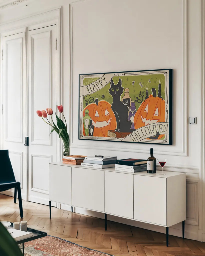 Stay Creepy I by Janelle Penner. shown as a framed stretched canvas in a living room above a console. Available as a archival giclee rolled canvas, fine art paper, or poster print. SKU 48275i.