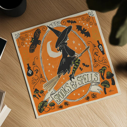 Stay Creepy II Orange by Janelle Penner. Shown as a detailed flat fine art print, highlighting archival giclee quality. Available as an archival giclee rolled canvas, fine art paper, or poster print. SKU 49230a.