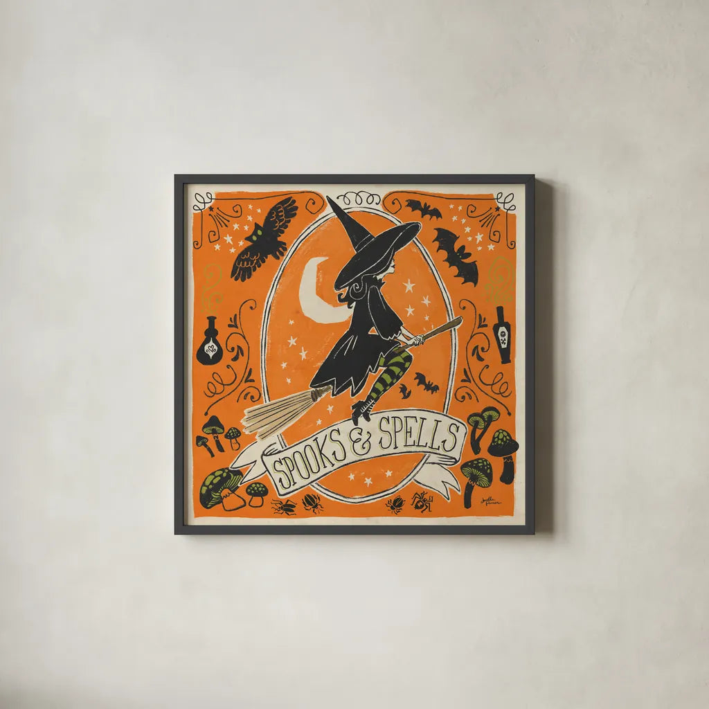 Stay Creepy II Orange by Janelle Penner. Shown in a sleek black glass frame for a contemporary gallery look. Available as an archival giclee rolled canvas, fine art paper, or poster print. SKU 49230a.
