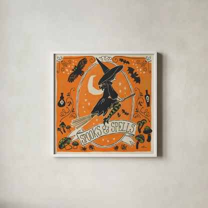 Stay Creepy II Orange by Janelle Penner. Shown in a crisp white glass frame for a clean and minimalist style. Available as an archival giclee rolled canvas, fine art paper, or poster print. SKU 49230a.