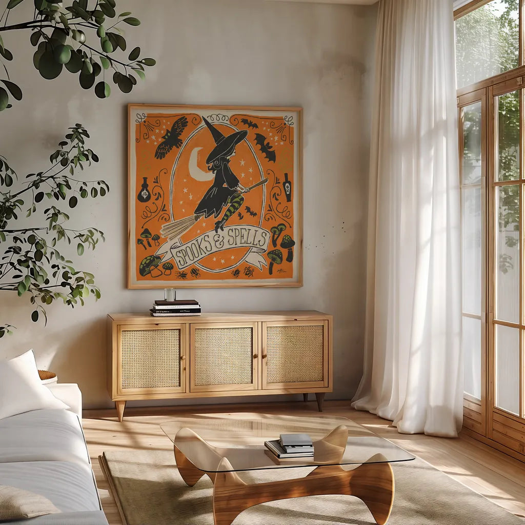 Stay Creepy II Orange by Janelle Penner. Shown in a natural wood frame in a cozy modern living room. Available as an archival giclee rolled canvas, fine art paper, or poster print. SKU 49230a.