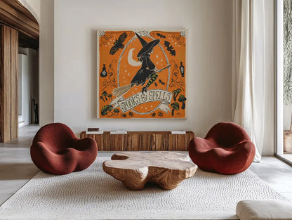 Stay Creepy II Orange by Janelle Penner. Shown as extra-large giant wall art in a modern living room. Available as an archival giclee rolled canvas, fine art paper, or poster print. SKU 49230a.
