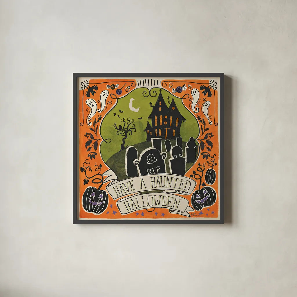 Stay Creepy III by Janelle Penner. Shown in a sleek black glass frame for a contemporary gallery look. Available as an archival giclee rolled canvas, fine art paper, or poster print. SKU 48277a.