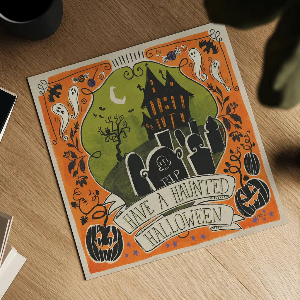 Stay Creepy III Orange by Janelle Penner. Shown as a detailed flat fine art print, highlighting archival giclee quality. Available as an archival giclee rolled canvas, fine art paper, or poster print. SKU 49231a.