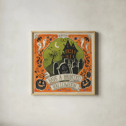Stay Creepy III Orange by Janelle Penner. Shown in a natural wood glass frame for a timeless modern aesthetic. Available as an archival giclee rolled canvas, fine art paper, or poster print. SKU 49231a.