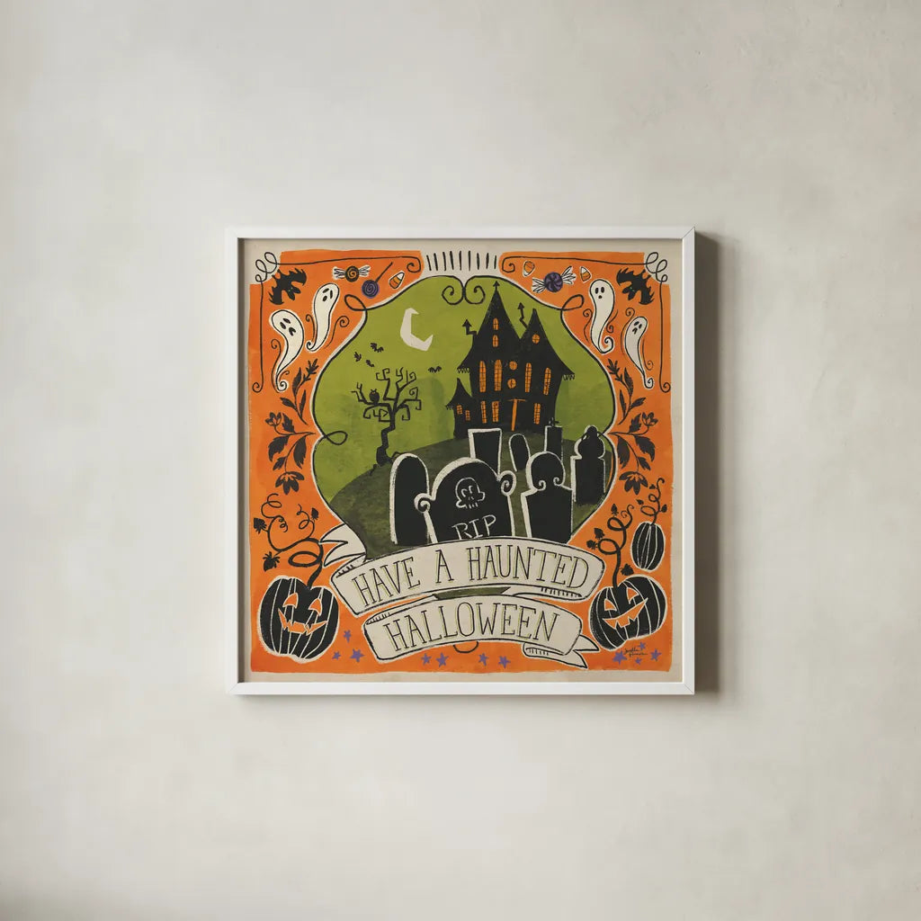 Stay Creepy III Orange by Janelle Penner. Shown in a crisp white glass frame for a clean and minimalist style. Available as an archival giclee rolled canvas, fine art paper, or poster print. SKU 49231a.