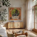Stay Creepy III Orange by Janelle Penner. Shown in a natural wood frame in a cozy modern living room. Available as an archival giclee rolled canvas, fine art paper, or poster print. SKU 49231a.