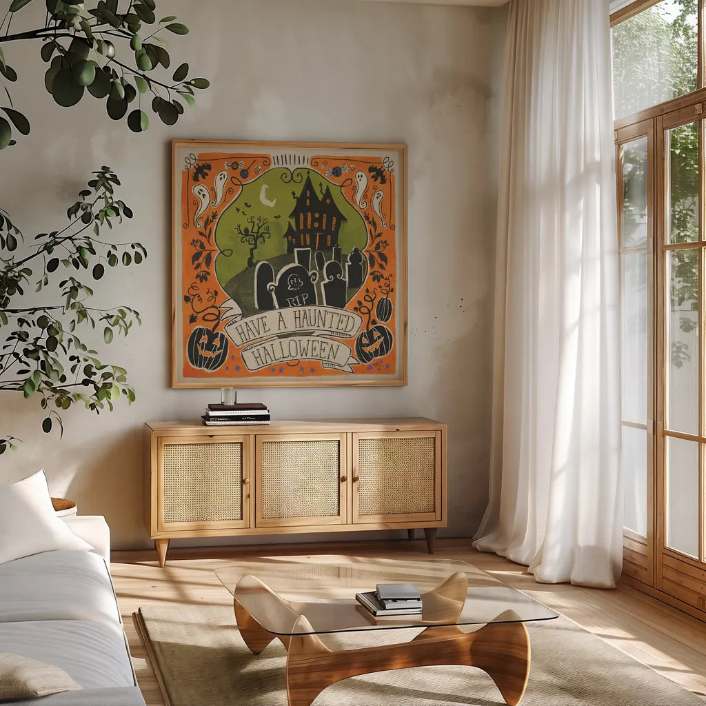 Stay Creepy III Orange by Janelle Penner. Shown in a natural wood frame in a cozy modern living room. Available as an archival giclee rolled canvas, fine art paper, or poster print. SKU 49231a.