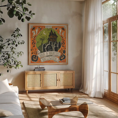 Stay Creepy III Orange by Janelle Penner. Shown in a natural wood frame in a cozy modern living room. Available as an archival giclee rolled canvas, fine art paper, or poster print. SKU 49231a.