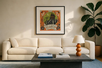 Stay Creepy III Orange by Janelle Penner. Displayed in a glass frame with matte in a clean modern living room. Available as an archival giclee rolled canvas, fine art paper, or poster print. SKU 49231a.
