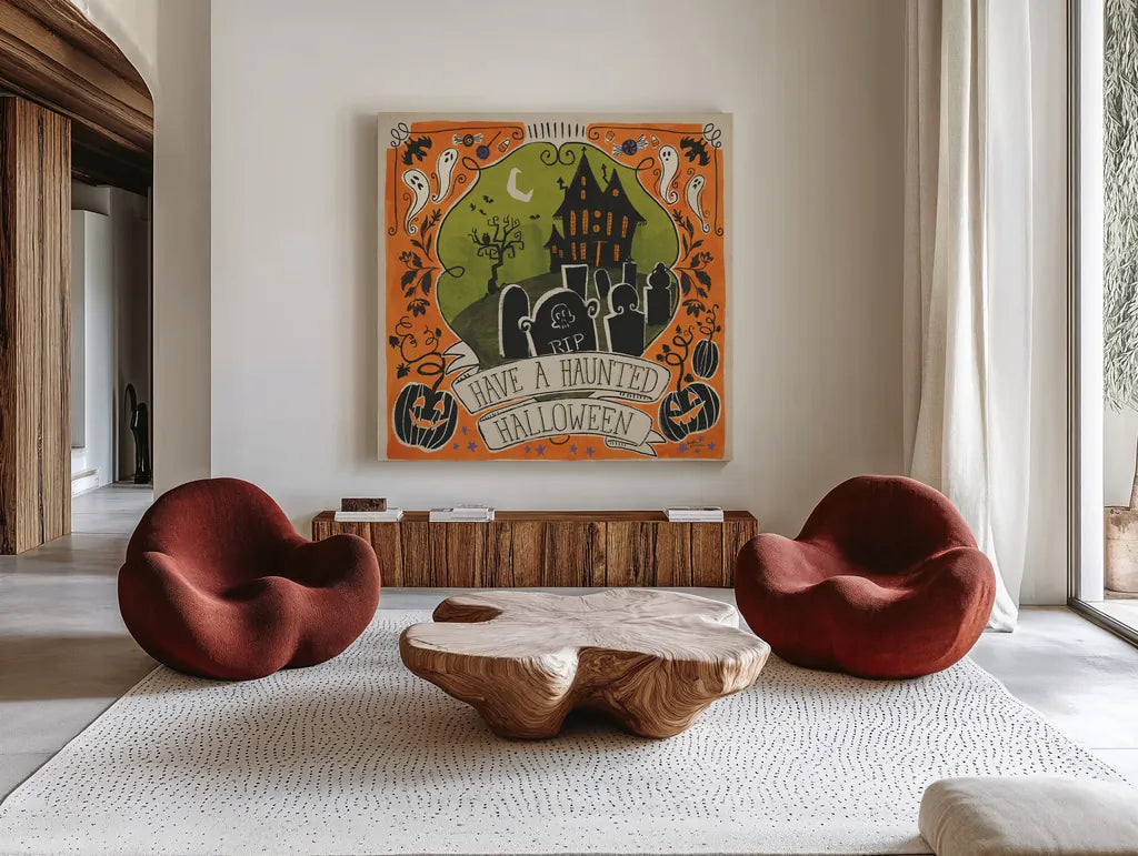 Stay Creepy III Orange by Janelle Penner. Shown as extra-large giant wall art in a modern living room. Available as an archival giclee rolled canvas, fine art paper, or poster print. SKU 49231a.