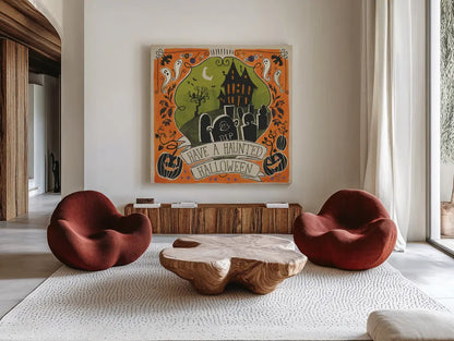 Stay Creepy III Orange by Janelle Penner. Shown as extra-large giant wall art in a modern living room. Available as an archival giclee rolled canvas, fine art paper, or poster print. SKU 49231a.