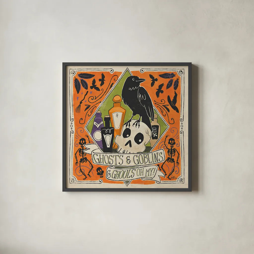 Stay Creepy IV by Janelle Penner. Shown in a sleek black glass frame for a contemporary gallery look. Available as an archival giclee rolled canvas, fine art paper, or poster print. SKU 48278a.