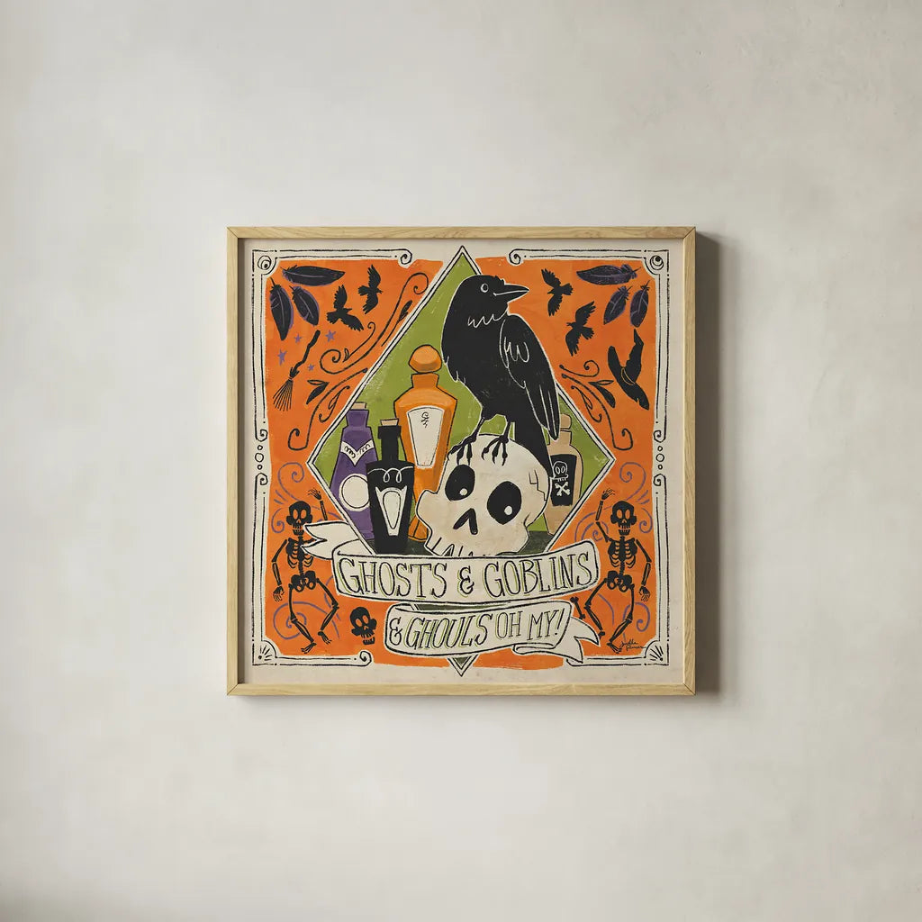 Stay Creepy IV by Janelle Penner. Shown in a natural wood glass frame for a timeless modern aesthetic. Available as an archival giclee rolled canvas, fine art paper, or poster print. SKU 48278a.