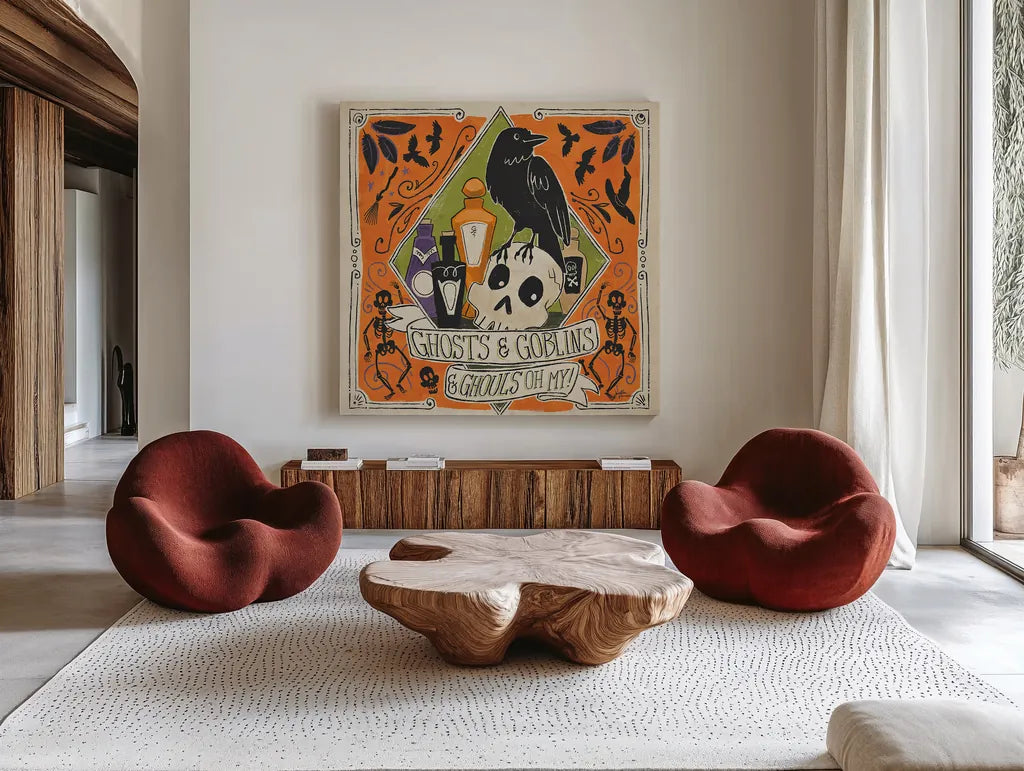 Stay Creepy IV by Janelle Penner. Shown as extra-large giant wall art in a modern living room. Available as an archival giclee rolled canvas, fine art paper, or poster print. SKU 48278a.