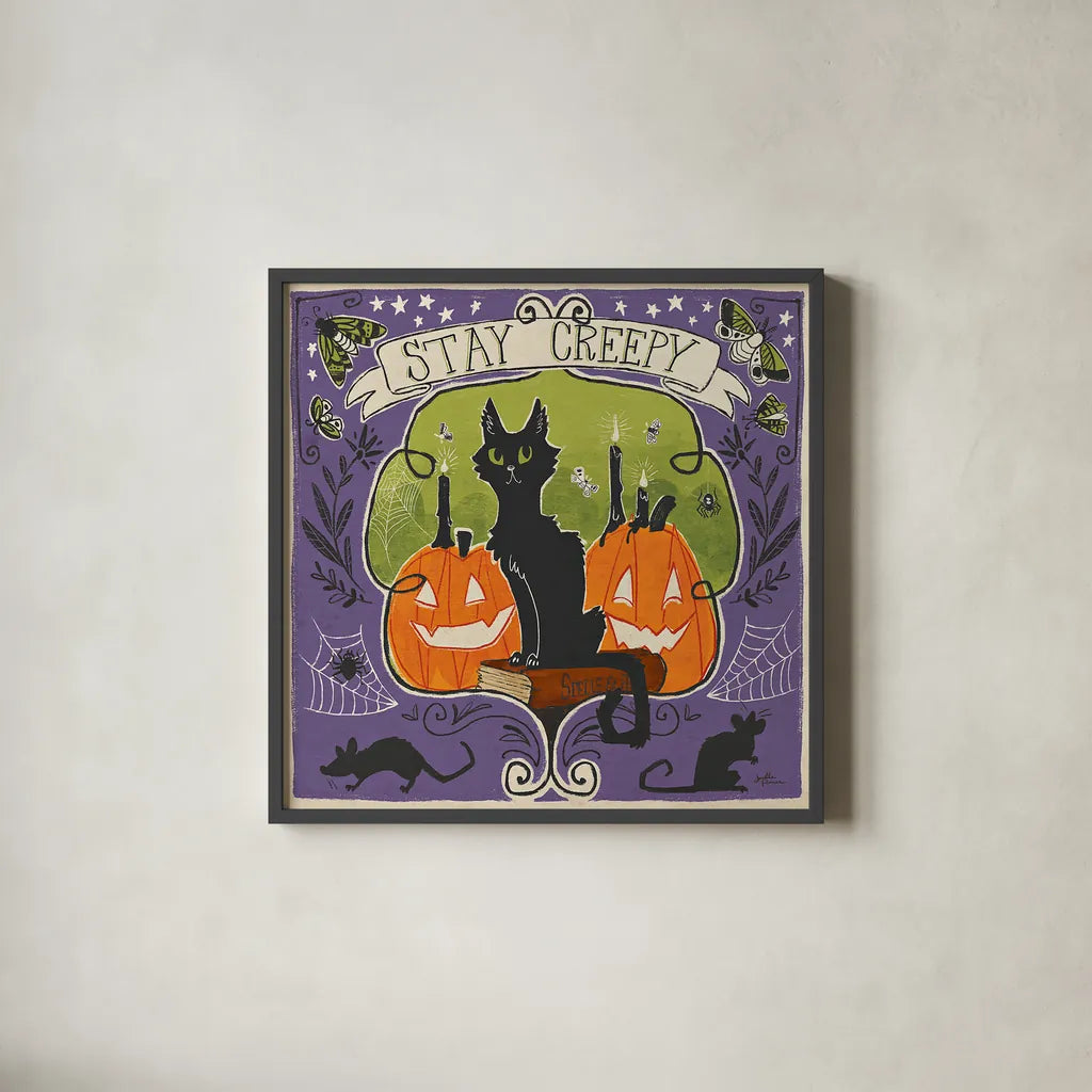Stay Creepy V by Janelle Penner. Shown in a sleek black glass frame for a contemporary gallery look. Available as an archival giclee rolled canvas, fine art paper, or poster print. SKU 48279a.