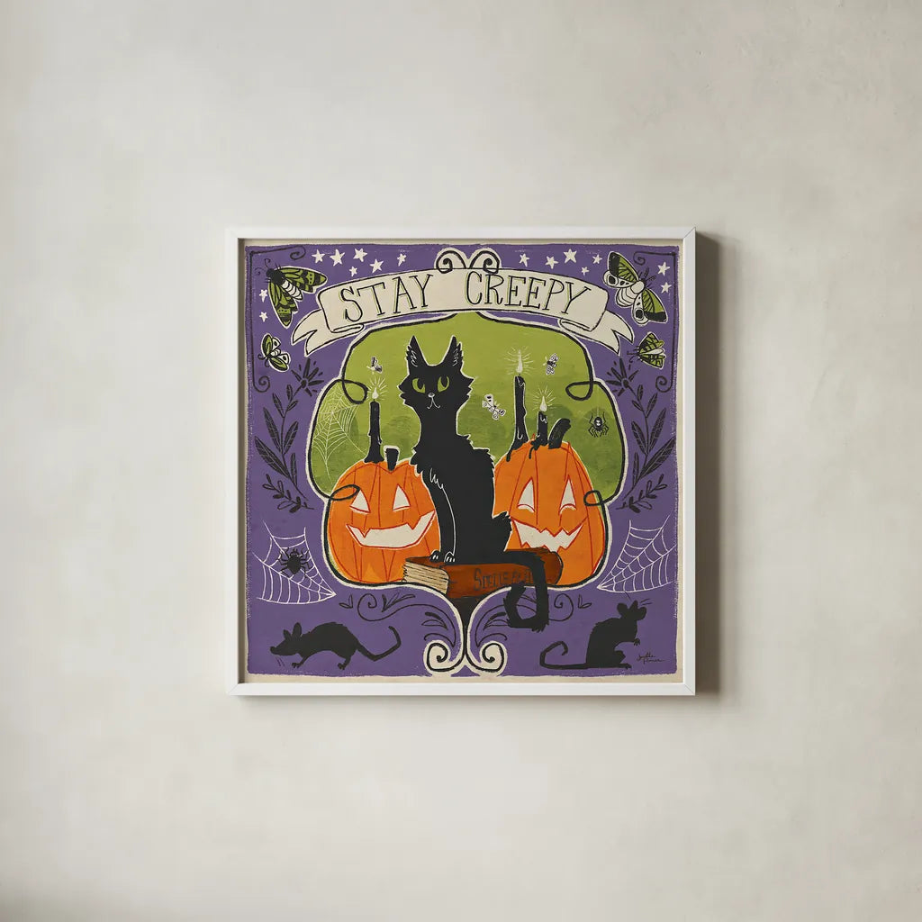 Stay Creepy V by Janelle Penner. Shown in a crisp white glass frame for a clean and minimalist style. Available as an archival giclee rolled canvas, fine art paper, or poster print. SKU 48279a.