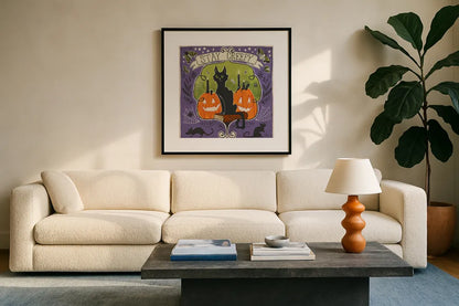 Stay Creepy V by Janelle Penner. Displayed in a glass frame with matte in a clean modern living room. Available as an archival giclee rolled canvas, fine art paper, or poster print. SKU 48279a.