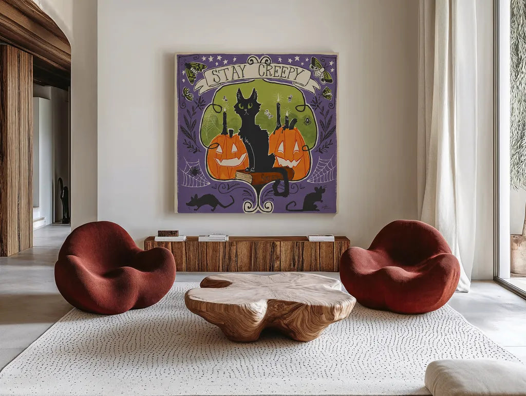 Stay Creepy V by Janelle Penner. Shown as extra-large giant wall art in a modern living room. Available as an archival giclee rolled canvas, fine art paper, or poster print. SKU 48279a.