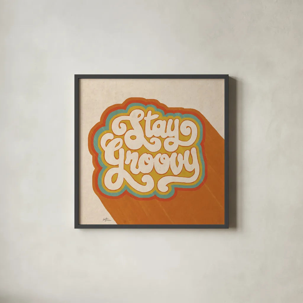Stay Groovy I by Janelle Penner. Shown in a sleek black glass frame for a contemporary gallery look. Available as an archival giclee rolled canvas, fine art paper, or poster print. SKU 65226a.