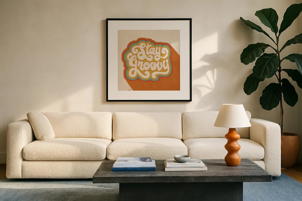 Stay Groovy I by Janelle Penner. Displayed in a glass frame with matte in a clean modern living room. Available as an archival giclee rolled canvas, fine art paper, or poster print. SKU 65226a.