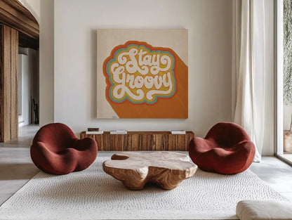 Stay Groovy I by Janelle Penner. Shown as extra-large giant wall art in a modern living room. Available as an archival giclee rolled canvas, fine art paper, or poster print. SKU 65226a.