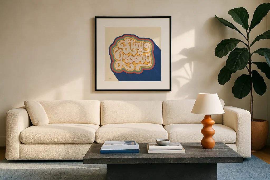 Stay Groovy I Bright by Janelle Penner. Displayed in a glass frame with matte in a clean modern living room. Available as an archival giclee rolled canvas, fine art paper, or poster print. SKU 66923a.