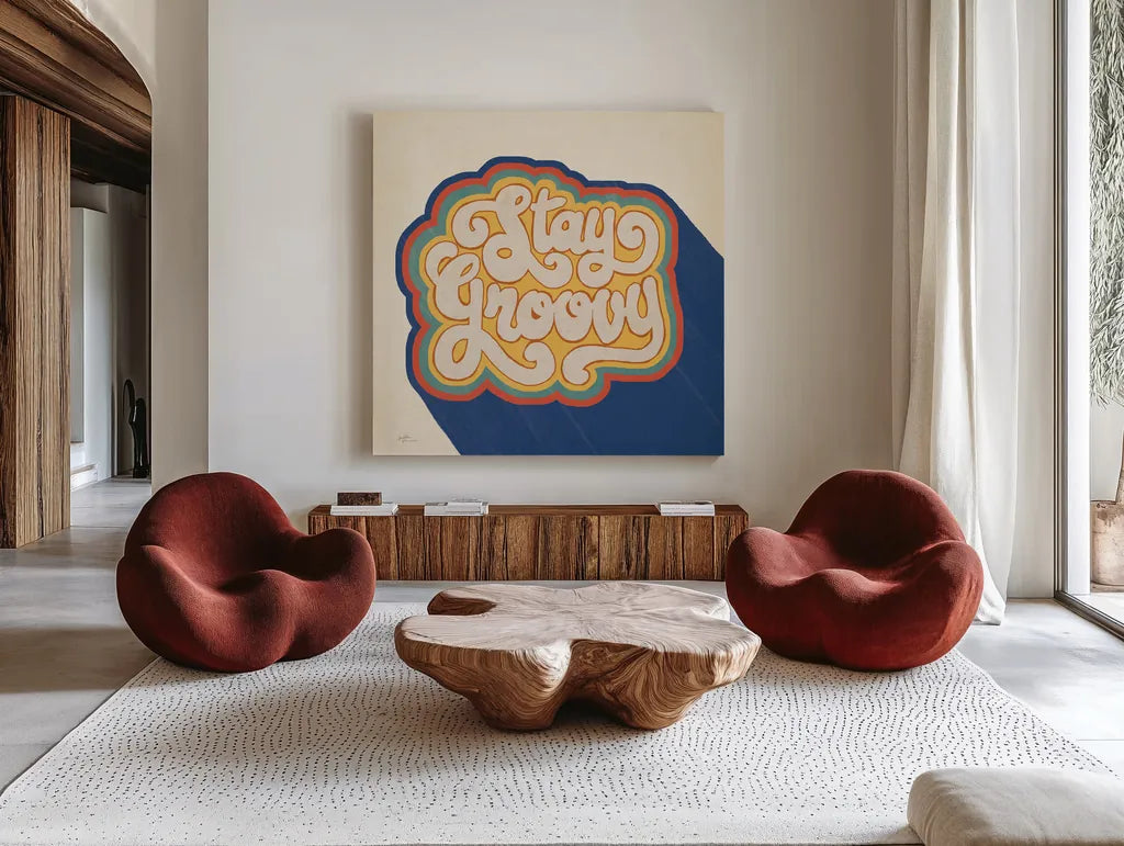 Stay Groovy I Bright by Janelle Penner. Shown as extra-large giant wall art in a modern living room. Available as an archival giclee rolled canvas, fine art paper, or poster print. SKU 66923a.