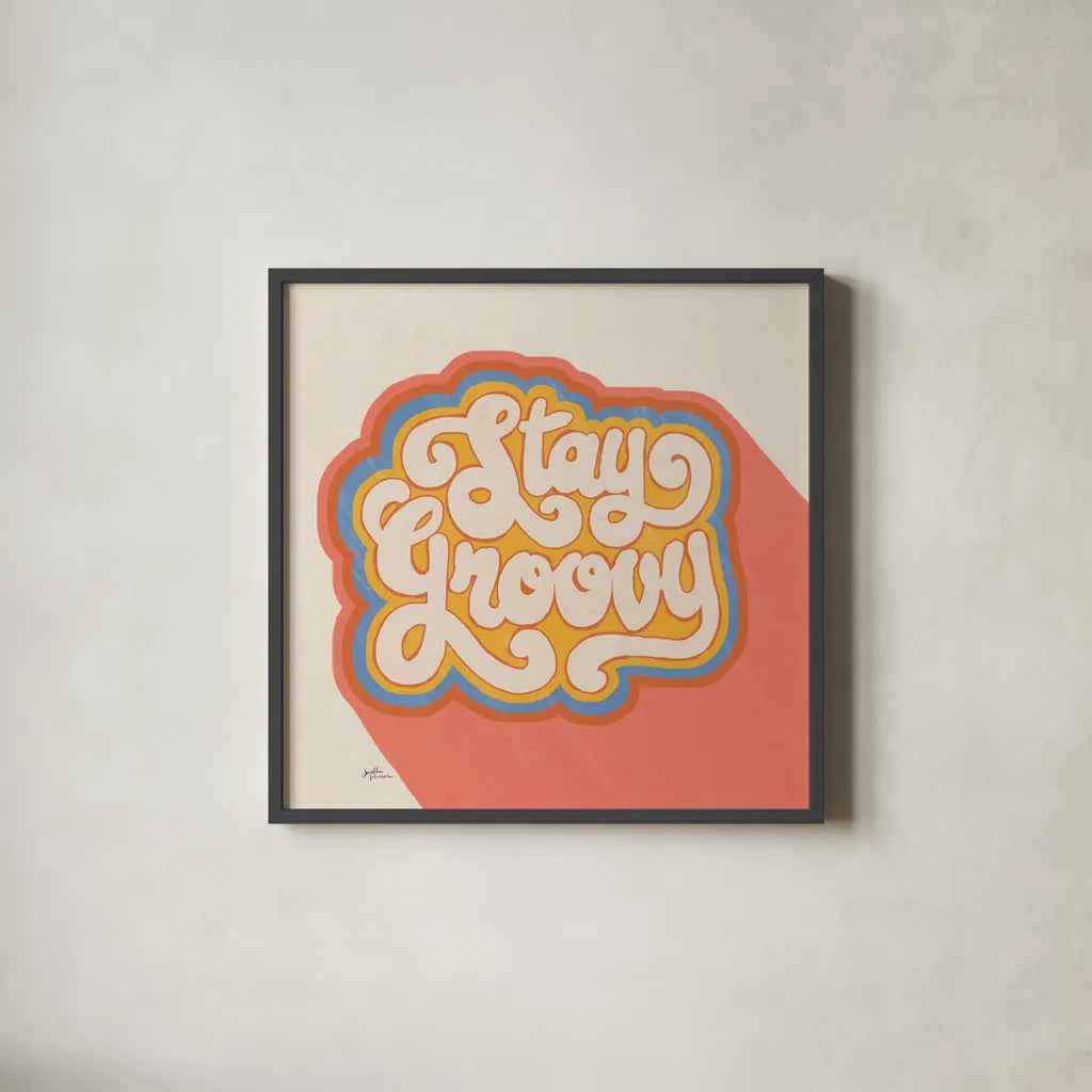 Stay Groovy I Bright by Janelle Penner. Shown in a sleek black glass frame for a contemporary gallery look. Available as an archival giclee rolled canvas, fine art paper, or poster print. SKU 70947a.