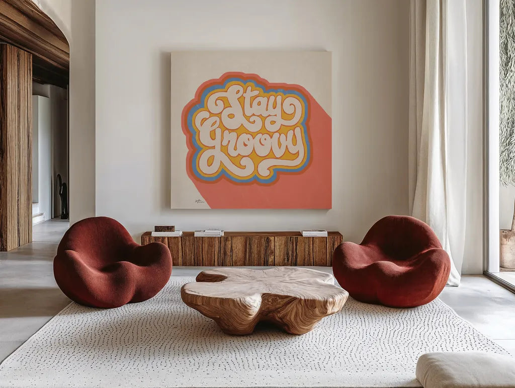 Stay Groovy I Bright by Janelle Penner. Shown as extra-large giant wall art in a modern living room. Available as an archival giclee rolled canvas, fine art paper, or poster print. SKU 70947a.