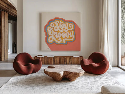 Stay Groovy I Bright by Janelle Penner. Shown as extra-large giant wall art in a modern living room. Available as an archival giclee rolled canvas, fine art paper, or poster print. SKU 70947a.
