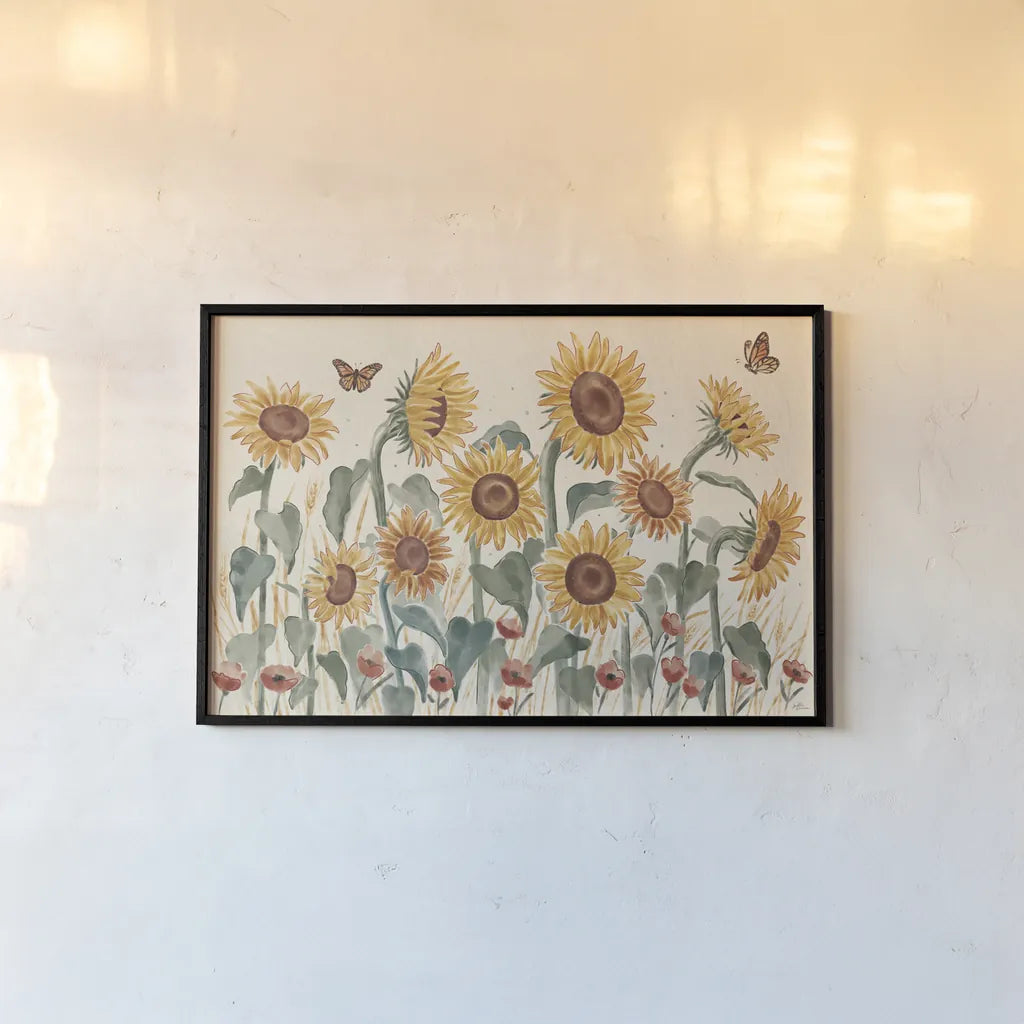 Sunflower Season I by Janelle Penner. shown as a paper print in a black flame. Available as a archival giclee rolled canvas, fine art paper, or poster print. SKU 76481i.