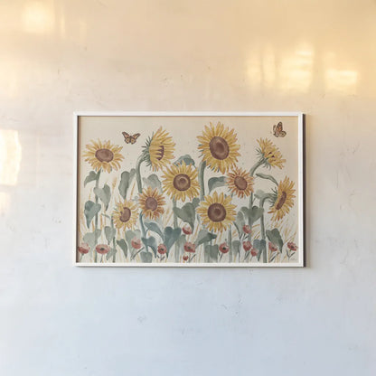 Sunflower Season I by Janelle Penner. shown as a paper print in a white frame. Available as a archival giclee rolled canvas, fine art paper, or poster print. SKU 76481i.