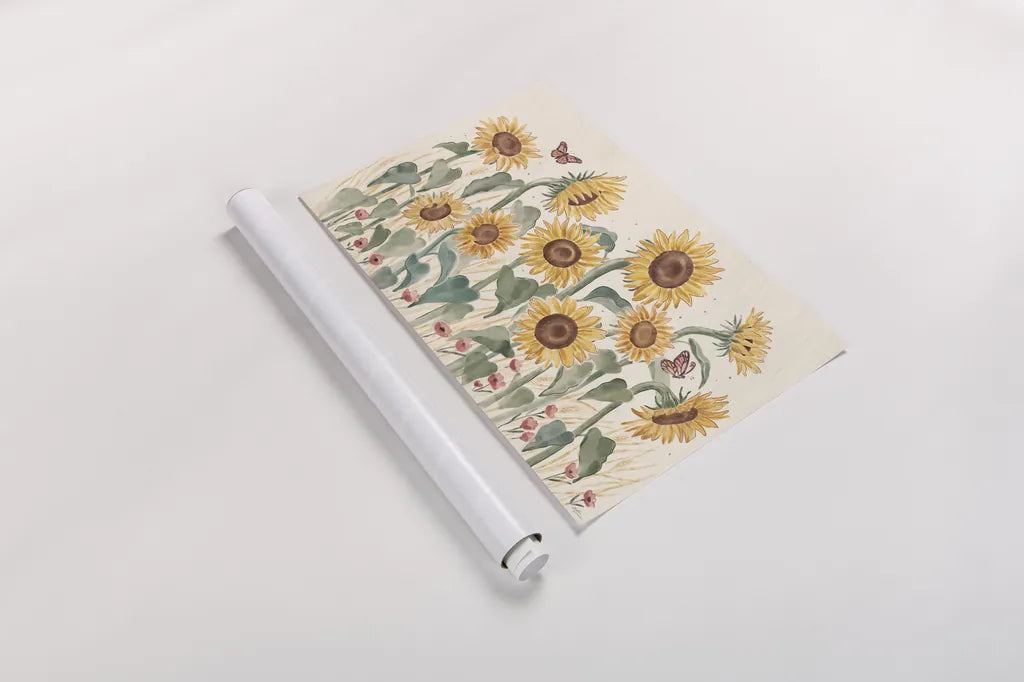 Sunflower Season I Bright by Janelle Penner. shown as a rolled paper print. Available as archival giclee rolled canvas, fine art paper, or poster print. SKU 77835i.