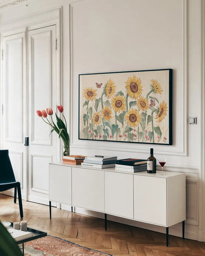 Sunflower Season I Bright by Janelle Penner. shown as a framed stretched canvas in a living room above a console. Available as a archival giclee rolled canvas, fine art paper, or poster print. SKU 77835i.