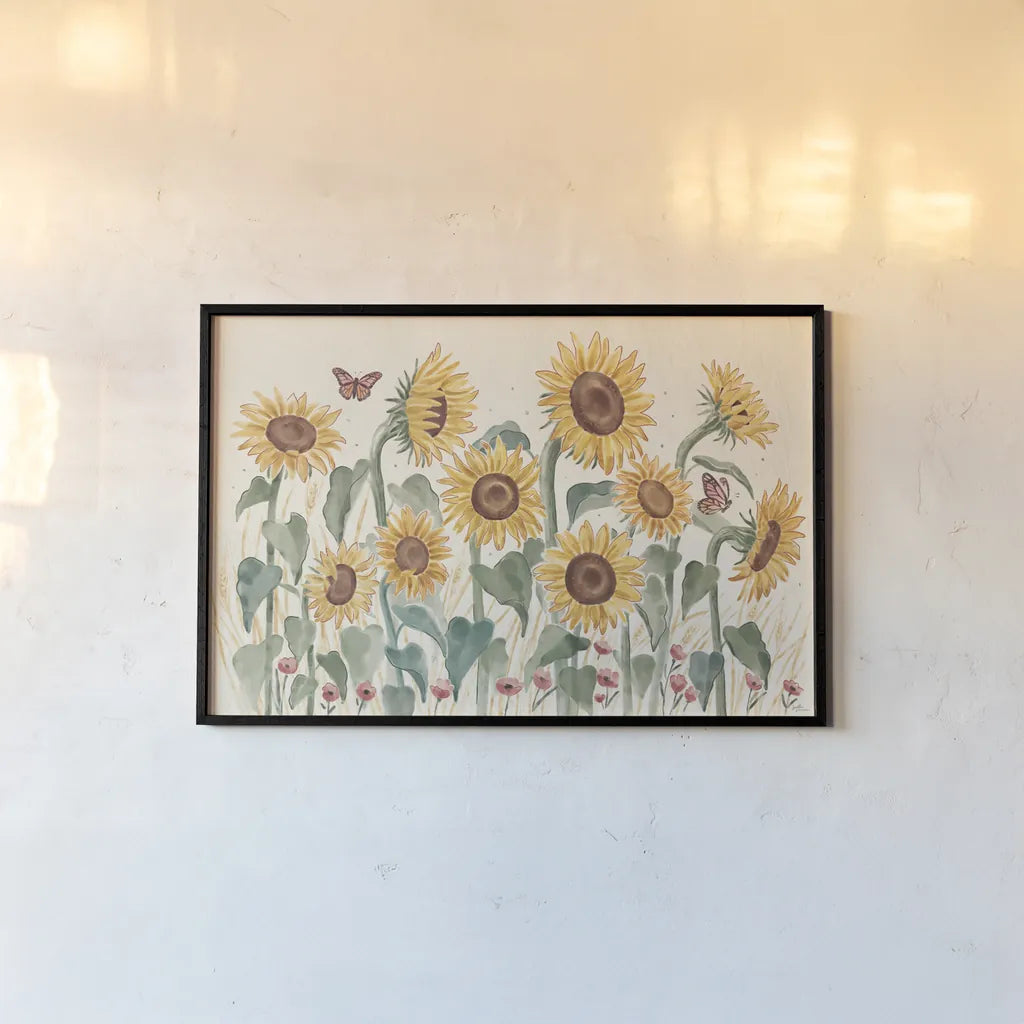Sunflower Season I Bright by Janelle Penner. shown as a paper print in a black flame. Available as a archival giclee rolled canvas, fine art paper, or poster print. SKU 77835i.