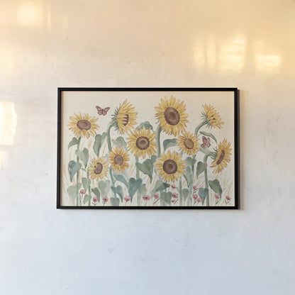 Sunflower Season I Bright by Janelle Penner. shown as a paper print in a black flame. Available as a archival giclee rolled canvas, fine art paper, or poster print. SKU 77835i.