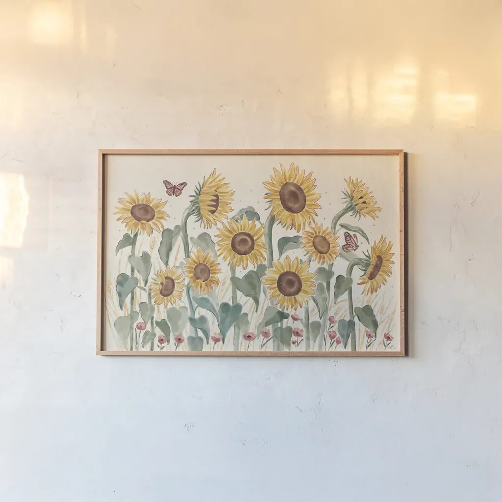 Sunflower Season I Bright by Janelle Penner. shown as a paper print in a natural frame. Available as a archival giclee rolled canvas, fine art paper, or poster print. SKU 77835i.