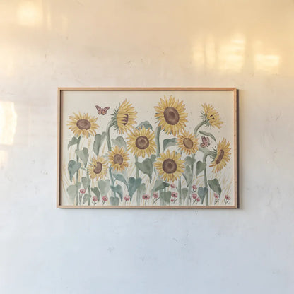Sunflower Season I Bright by Janelle Penner. shown as a paper print in a natural frame. Available as a archival giclee rolled canvas, fine art paper, or poster print. SKU 77835i.