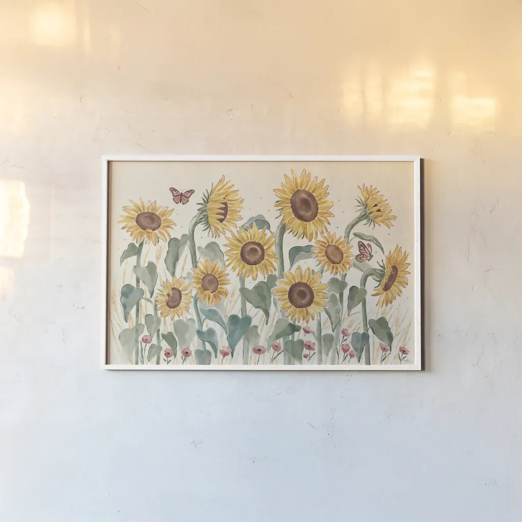 Sunflower Season I Bright by Janelle Penner. shown as a paper print in a white frame. Available as a archival giclee rolled canvas, fine art paper, or poster print. SKU 77835i.