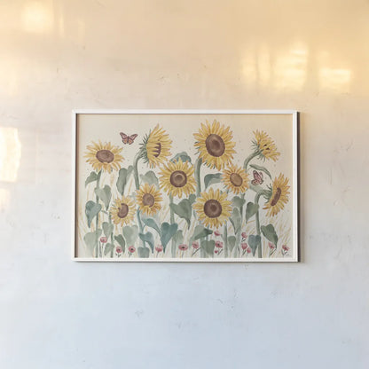 Sunflower Season I Bright by Janelle Penner. shown as a paper print in a white frame. Available as a archival giclee rolled canvas, fine art paper, or poster print. SKU 77835i.