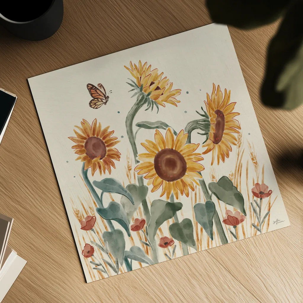 Sunflower Season II by Janelle Penner. Shown as a detailed flat fine art print, highlighting archival giclee quality. Available as an archival giclee rolled canvas, fine art paper, or poster print. SKU 76482a.