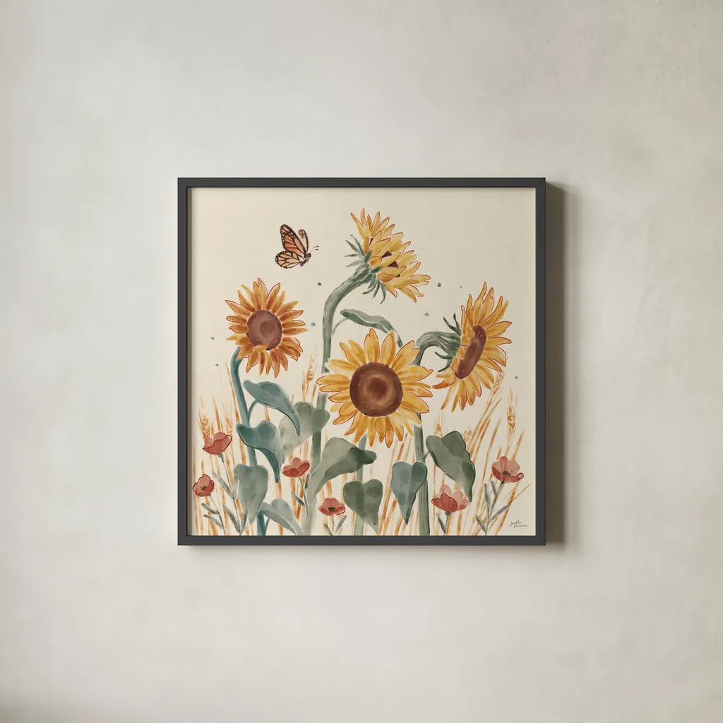 Sunflower Season II by Janelle Penner. Shown in a sleek black glass frame for a contemporary gallery look. Available as an archival giclee rolled canvas, fine art paper, or poster print. SKU 76482a.