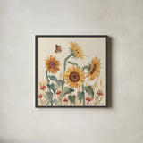 Sunflower Season II by Janelle Penner. Shown in a sleek black glass frame for a contemporary gallery look. Available as an archival giclee rolled canvas, fine art paper, or poster print. SKU 76482a.