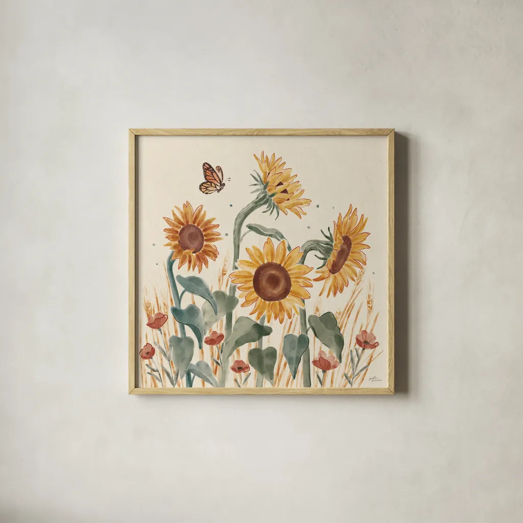 Sunflower Season II by Janelle Penner. Shown in a natural wood glass frame for a timeless modern aesthetic. Available as an archival giclee rolled canvas, fine art paper, or poster print. SKU 76482a.