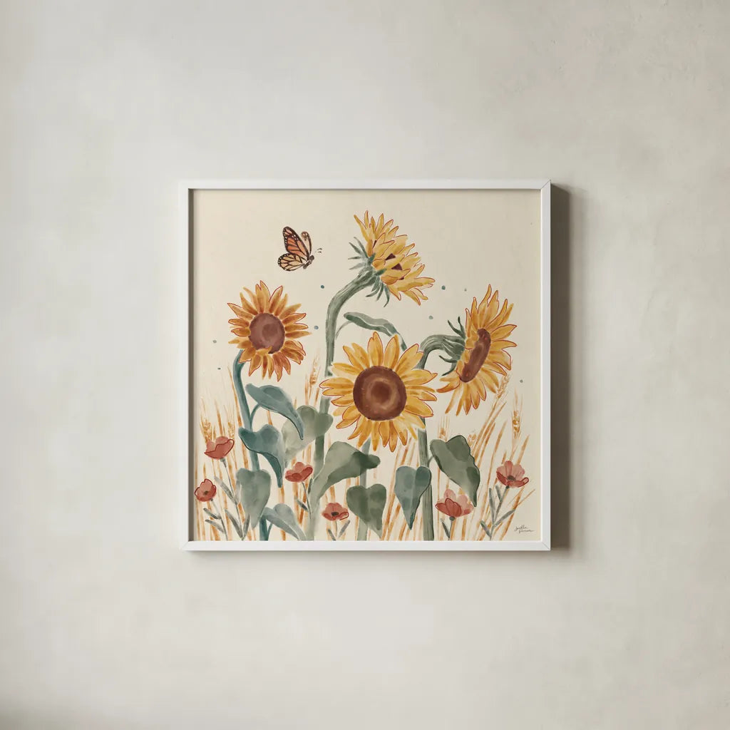 Sunflower Season II by Janelle Penner. Shown in a crisp white glass frame for a clean and minimalist style. Available as an archival giclee rolled canvas, fine art paper, or poster print. SKU 76482a.