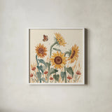 Sunflower Season II by Janelle Penner. Shown in a crisp white glass frame for a clean and minimalist style. Available as an archival giclee rolled canvas, fine art paper, or poster print. SKU 76482a.