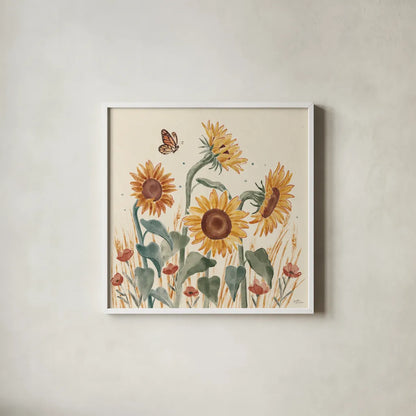 Sunflower Season II by Janelle Penner. Shown in a crisp white glass frame for a clean and minimalist style. Available as an archival giclee rolled canvas, fine art paper, or poster print. SKU 76482a.